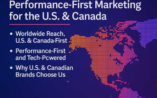 Digital banner showing 'From Brazil to the World: How Coliseum Agency Powers Performance-First Marketing for the U.S. & Canada' with a pixelated world map in orange, pink, and purple tones.