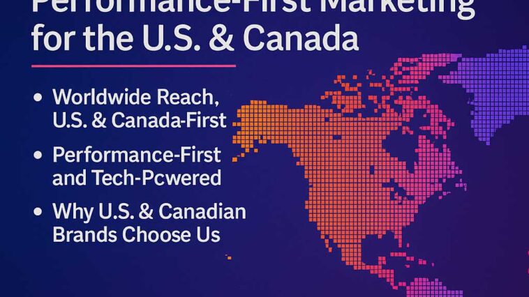 Digital banner showing 'From Brazil to the World: How Coliseum Agency Powers Performance-First Marketing for the U.S. & Canada' with a pixelated world map in orange, pink, and purple tones.